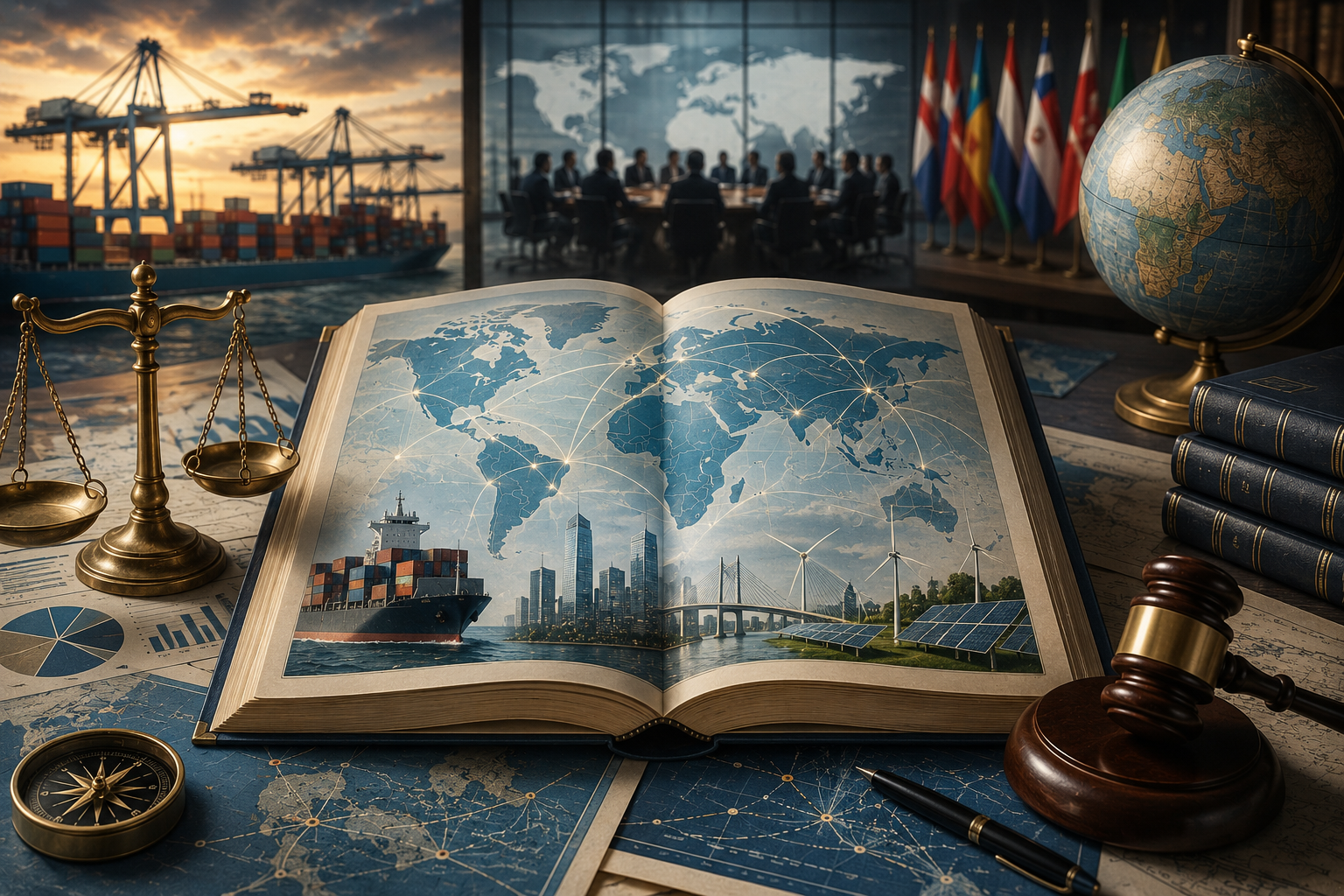 Scholarly illustration of global commerce and trade law with an open atlas, shipping routes, port infrastructure, renewable energy, legal scales, a gavel, globes, maps, and diplomatic negotiation imagery, with no labels or readable text.