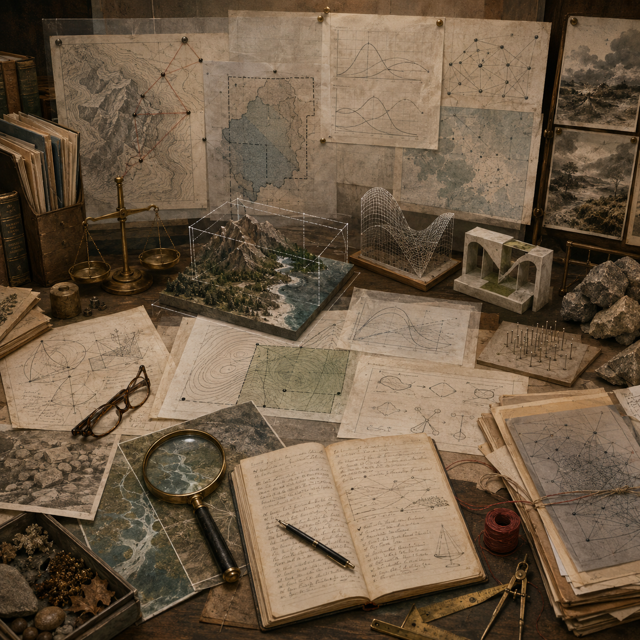 Archival modeling workspace with layered maps, assumptions diagrams, landscape models, curve sketches, network charts, notebooks, magnifying tools, balances, and drafting instruments representing responsible mathematical modeling.