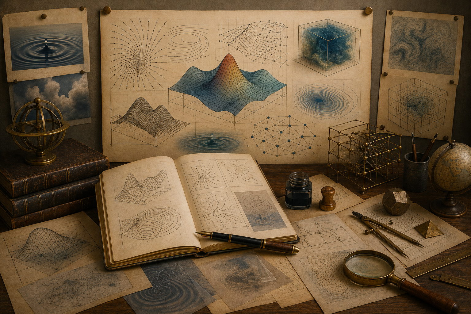 Vintage mathematical study with surface plots, contour diagrams, vector fields, open notebooks, brass instruments, drafting tools, and layered sketches representing partial differential equations without labels or text.