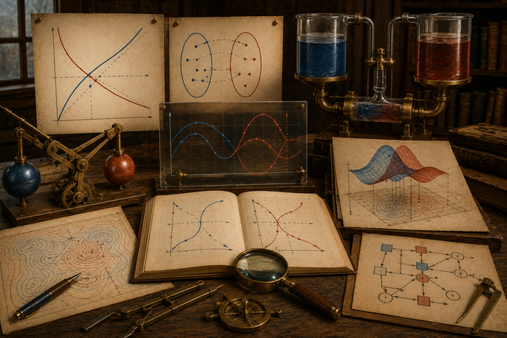 Vintage scientific modeling studio with paired curves, mirrored mappings, linked fluid vessels, mechanical arms, surface diagrams, contour maps, notebooks, and drafting tools representing inverse functions and system interpretation.
