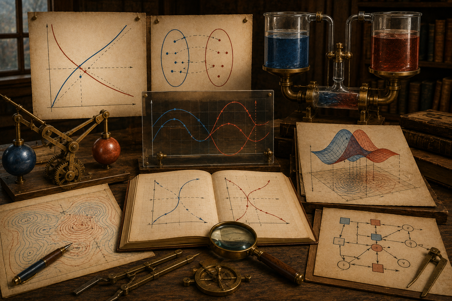 Vintage scientific modeling studio with paired curves, mirrored mappings, linked fluid vessels, mechanical arms, surface diagrams, contour maps, notebooks, and drafting tools representing inverse functions and system interpretation.