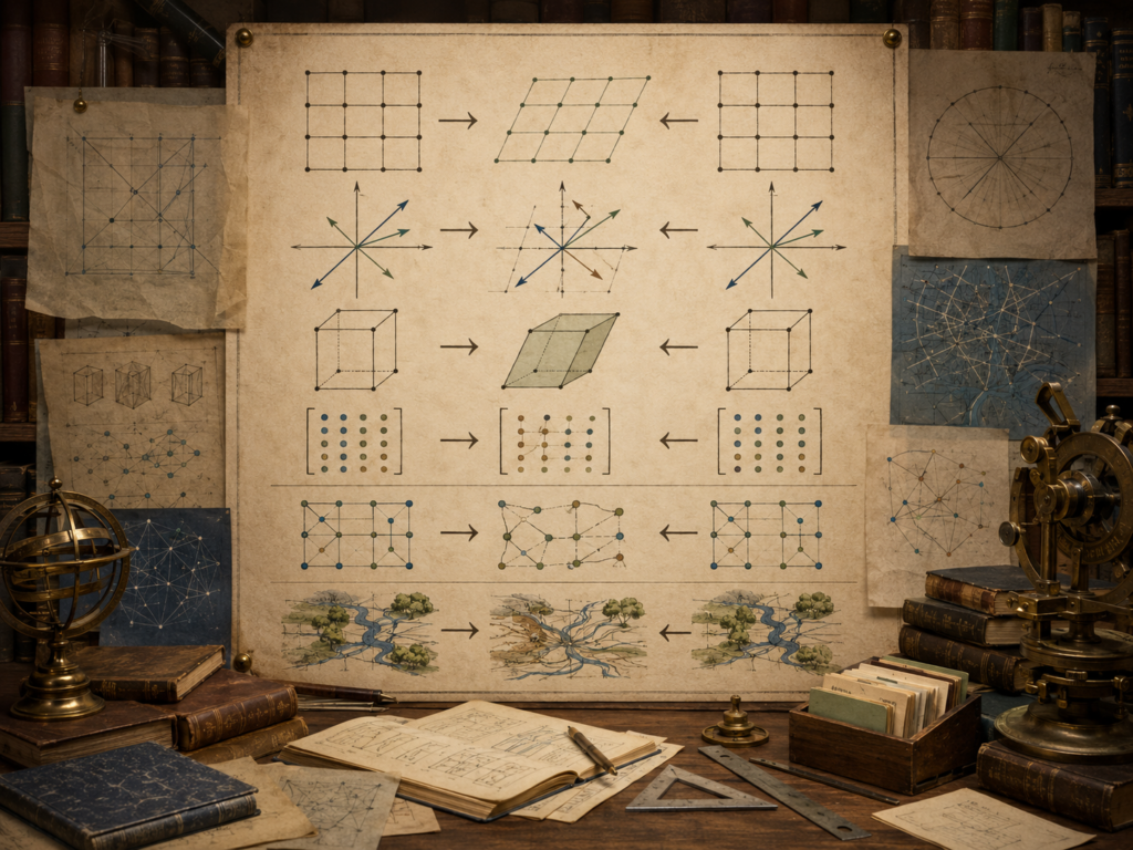 Vintage mathematical workspace with reversible grid transformations, restored vectors, inverse matrix diagrams, recovered networks, flow maps, books, and drafting tools.