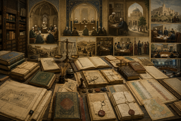 Editorial illustration of Islamic law and governance shown through manuscripts, legal commentaries, court records, waqf documents, sealed registers, scholarly study circles, qadi court scenes, and institutional archives.