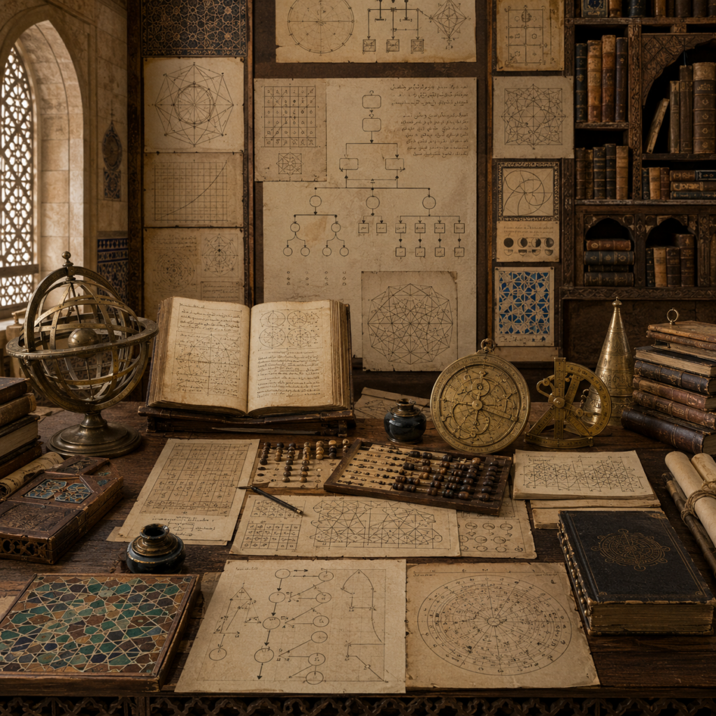 A restrained scholarly illustration of a medieval Islamic study with geometric diagrams, procedural flowcharts, astronomical instruments, manuscripts, abacus-like counting tools, books, and patterned architectural details representing Islamic-world roots of algorithmic reasoning.