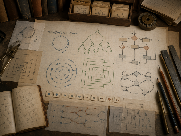 A restrained scholarly illustration of a vintage research desk with looping paths, recursive tree structures, branching flow diagrams, state cycles, symbolic tiles, notebooks, rulers, and drafting tools representing iteration, recursion, and control flow.