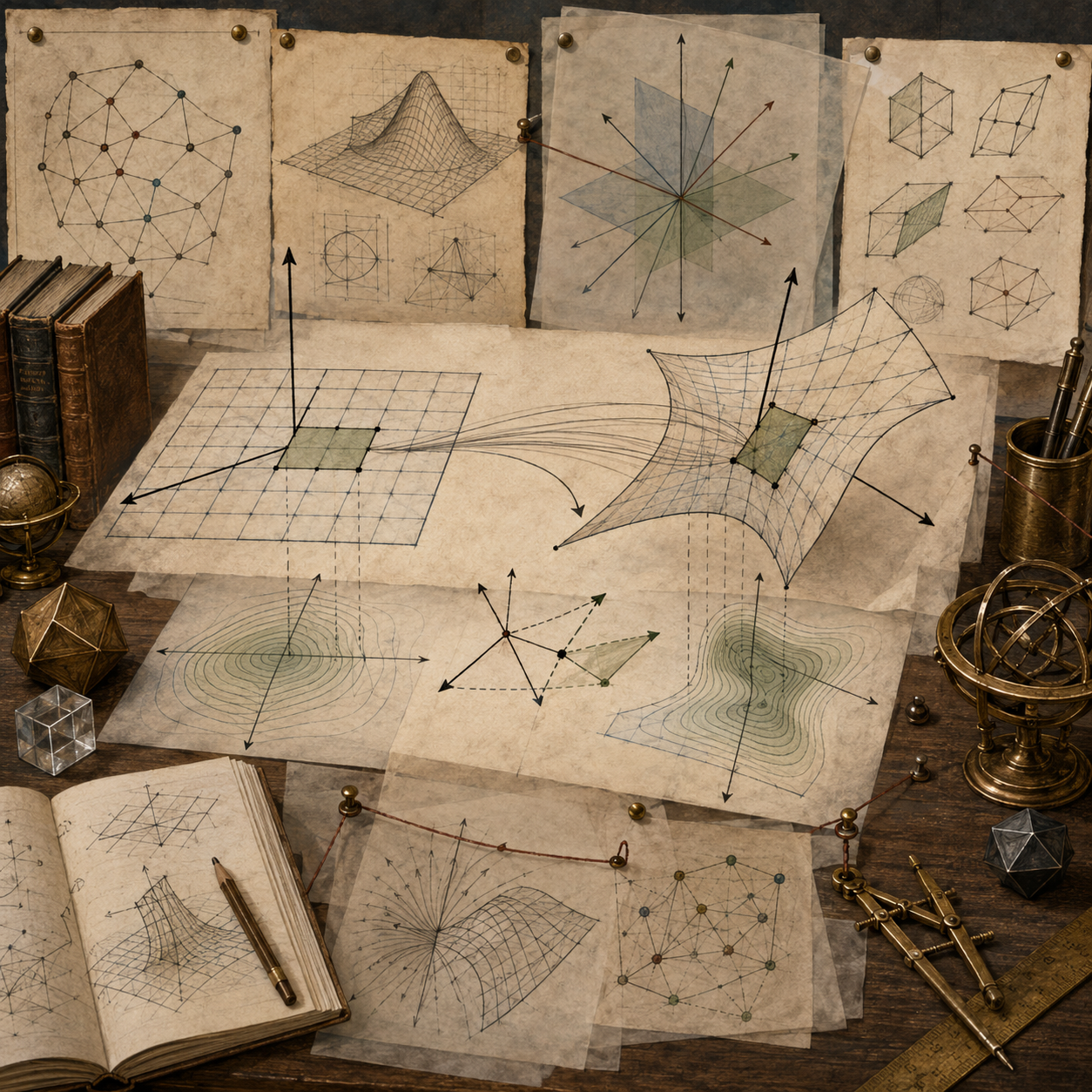 Editorial mathematical illustration of Jacobians and multivariable transformation in systems modeling, showing input grids transformed into output grids, local linear maps, matrix structures, coordinate transformations, notebooks, contour maps, and computational modeling materials.