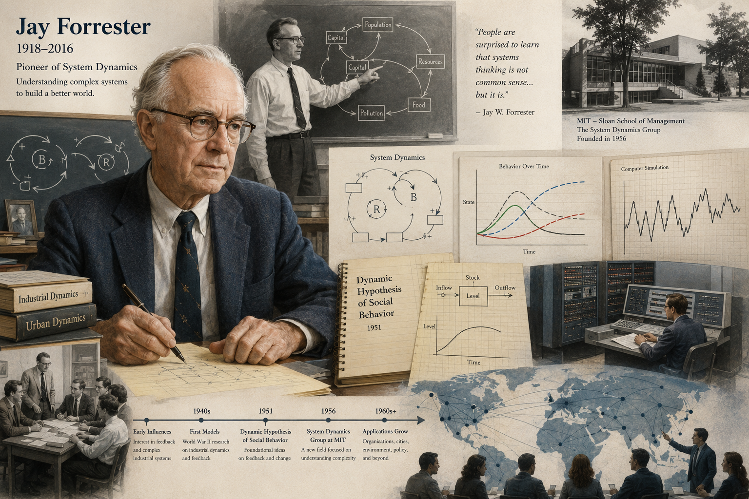 Documentary-style editorial collage of Jay Forrester, early system dynamics diagrams, behavior-over-time graphs, stock-flow structures, computer simulation scenes, MIT research settings, and global systems mapping.