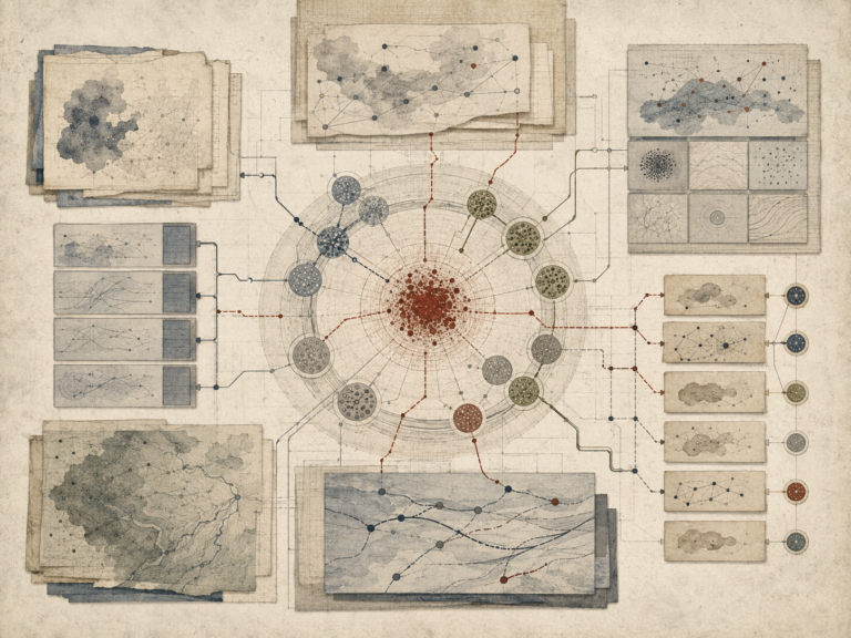 Abstract institutional illustration of audience-need clusters, research maps, connected pathways, evidence panels, and modular diagrams representing Jobs to Be Done analysis.