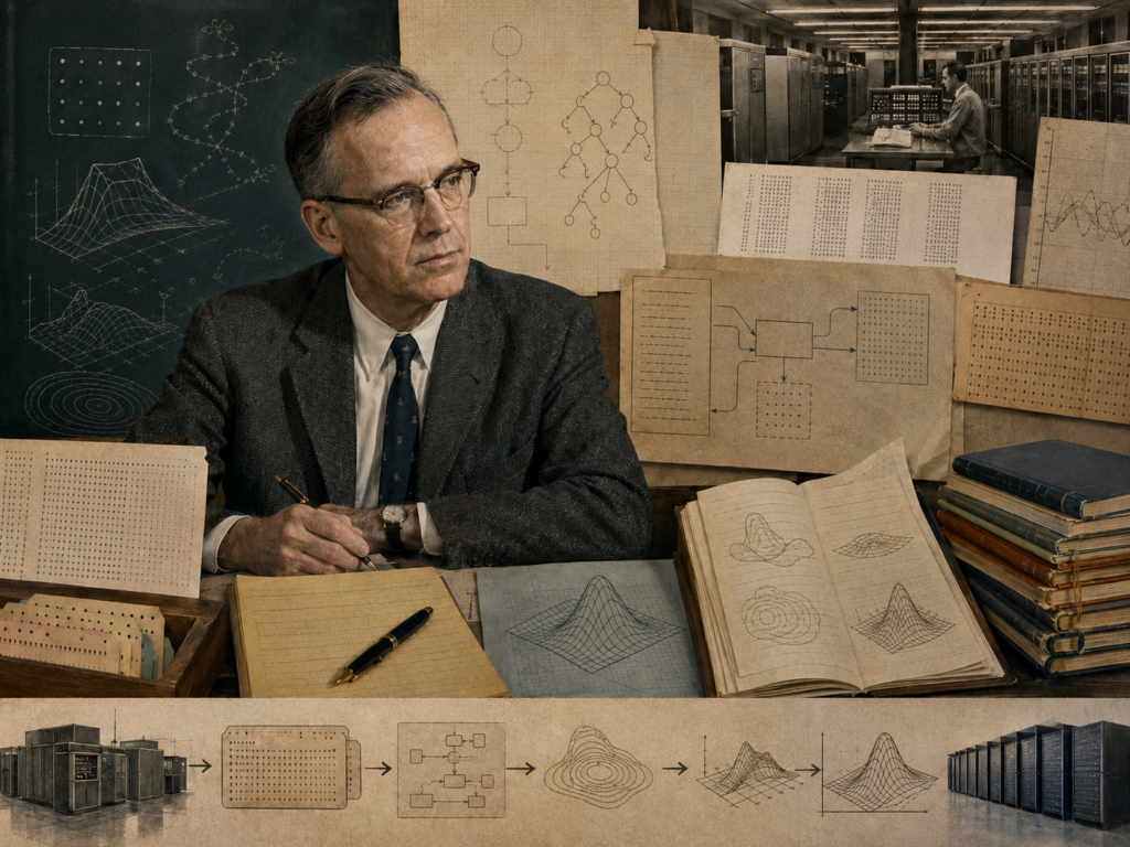 Scholarly editorial illustration of John Backus, Fortran, and the birth of high-level scientific programming, showing a mid-century computing archive with punched cards, formula diagrams, compiler pathways, early computer machinery, numerical plots, array-like grids, scientific notebooks, and high-performance computing lineage.