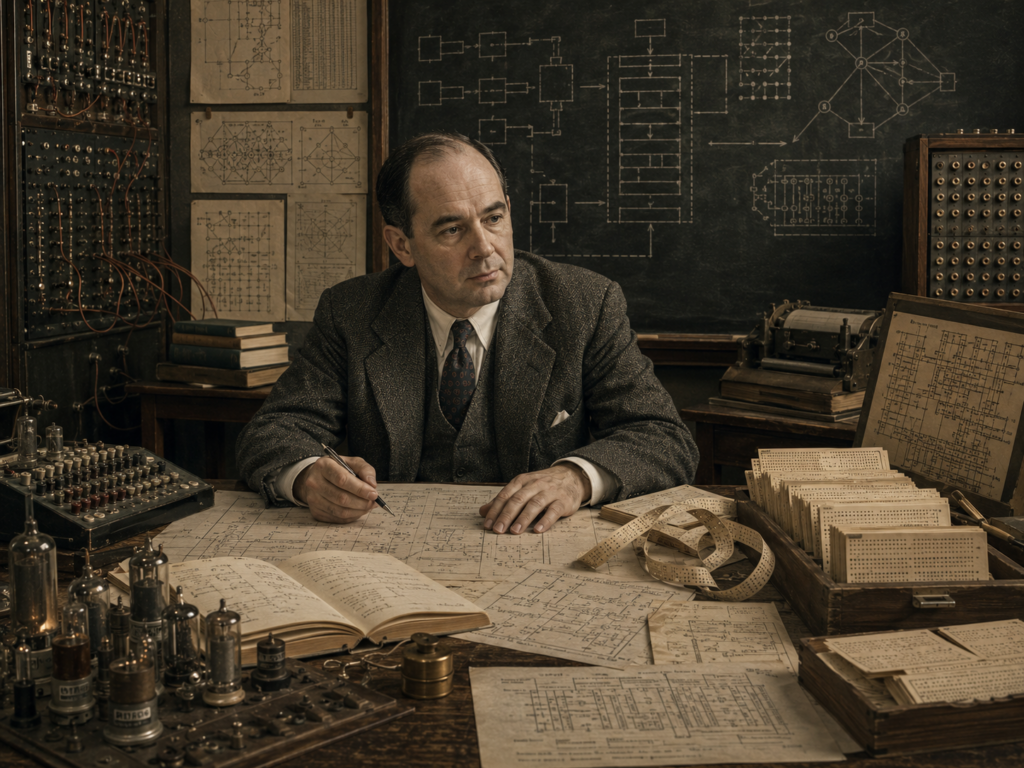 A restrained scholarly illustration of John von Neumann in a mid-century computing laboratory with stored-program architecture diagrams, punched cards, circuit panels, vacuum tubes, chalkboard schematics, books, and papers representing the architecture of modern computing.