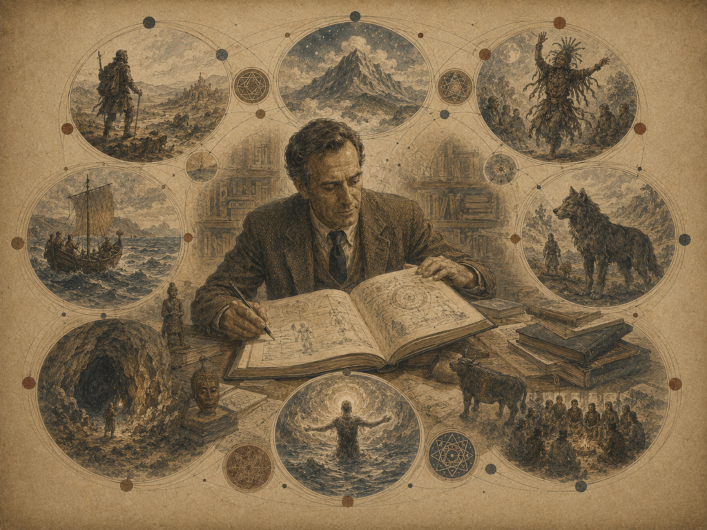 Editorial illustration of a myth scholar studying an open notebook, surrounded by connected mythic scenes of journeys, mountains, ritual figures, animal guides, caves, rebirth, and communal gatherings.