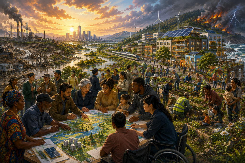 Panoramic illustration of a diverse community planning just transformation across a landscape moving from industrial damage, flooding, and wildfire toward ecological restoration, renewable energy, housing, transit, and shared public spaces.
