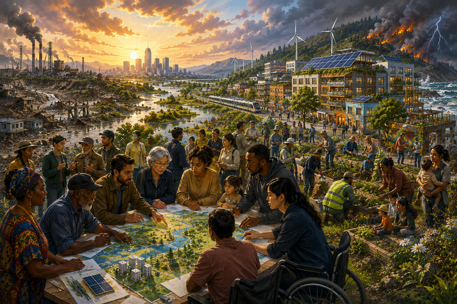Panoramic illustration of a diverse community planning just transformation across a landscape moving from industrial damage, flooding, and wildfire toward ecological restoration, renewable energy, housing, transit, and shared public spaces.