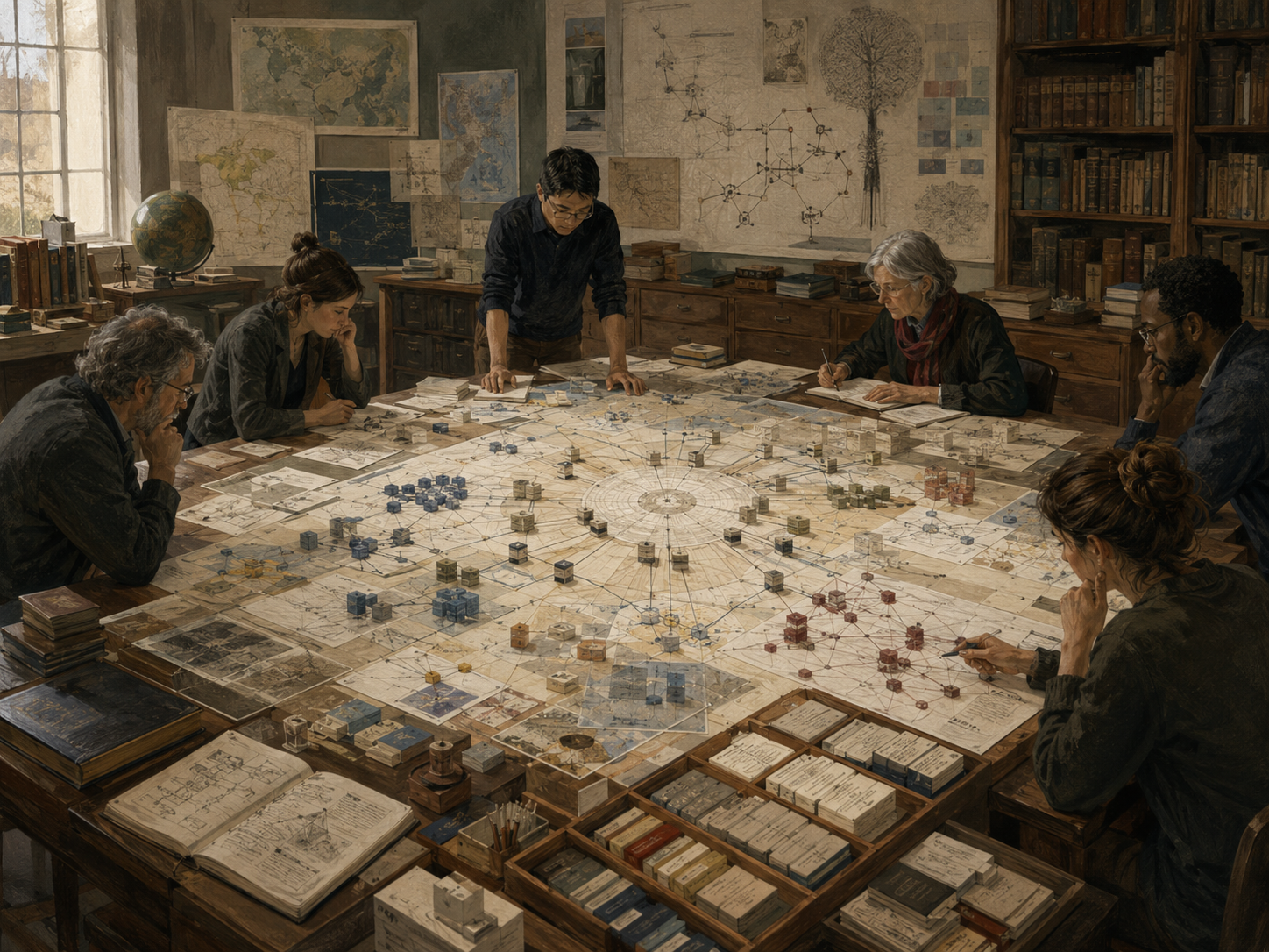 Researchers organize maps, knowledge clusters, network diagrams, index cards, books, and structured pathways on a large institutional research table.