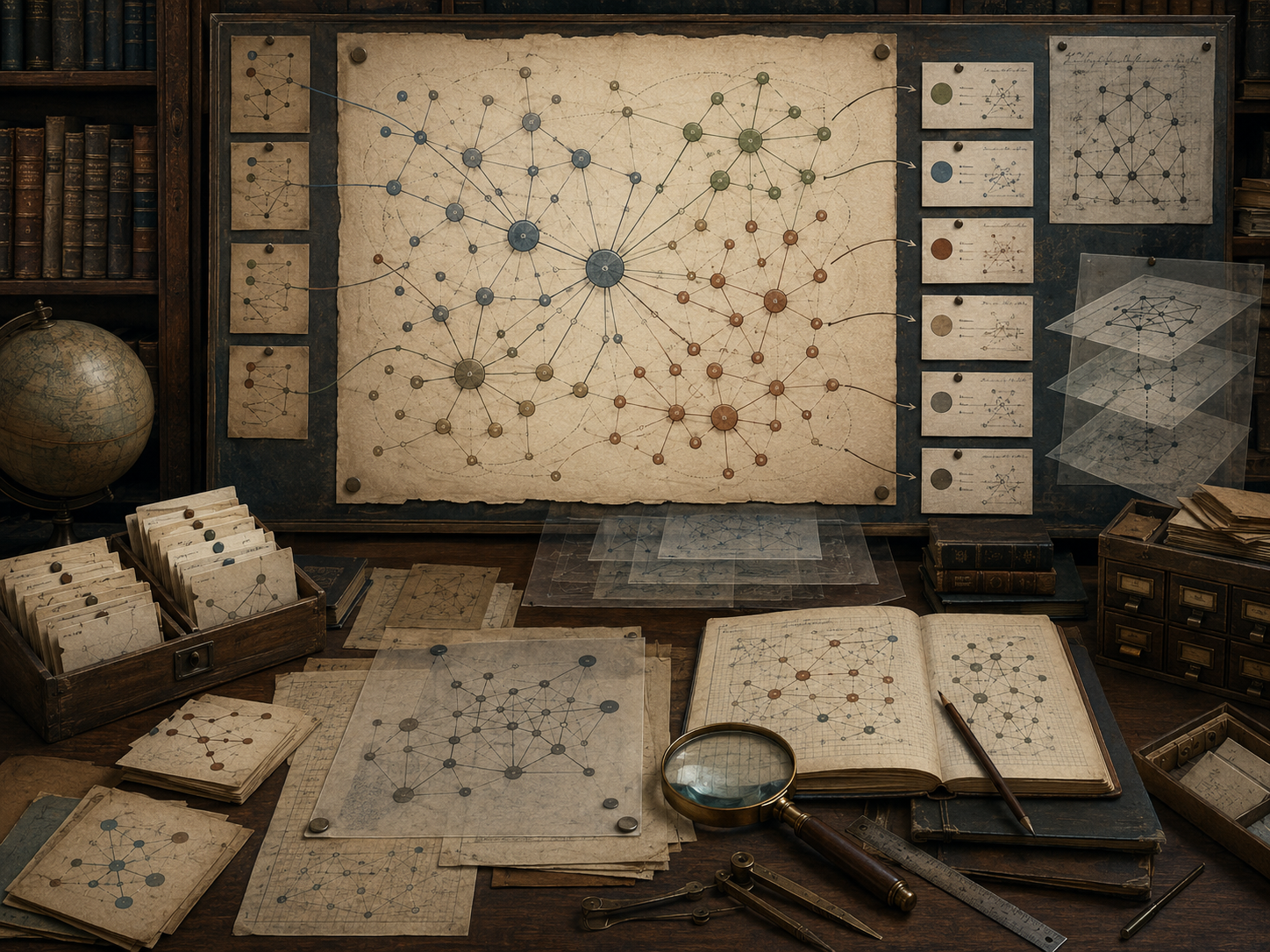 A restrained scholarly illustration of a library research workspace with a large knowledge graph, clustered semantic nodes, linked index cards, retrieval pathways, notebooks, archival drawers, transparent overlays, and analytical tools representing semantic retrieval.