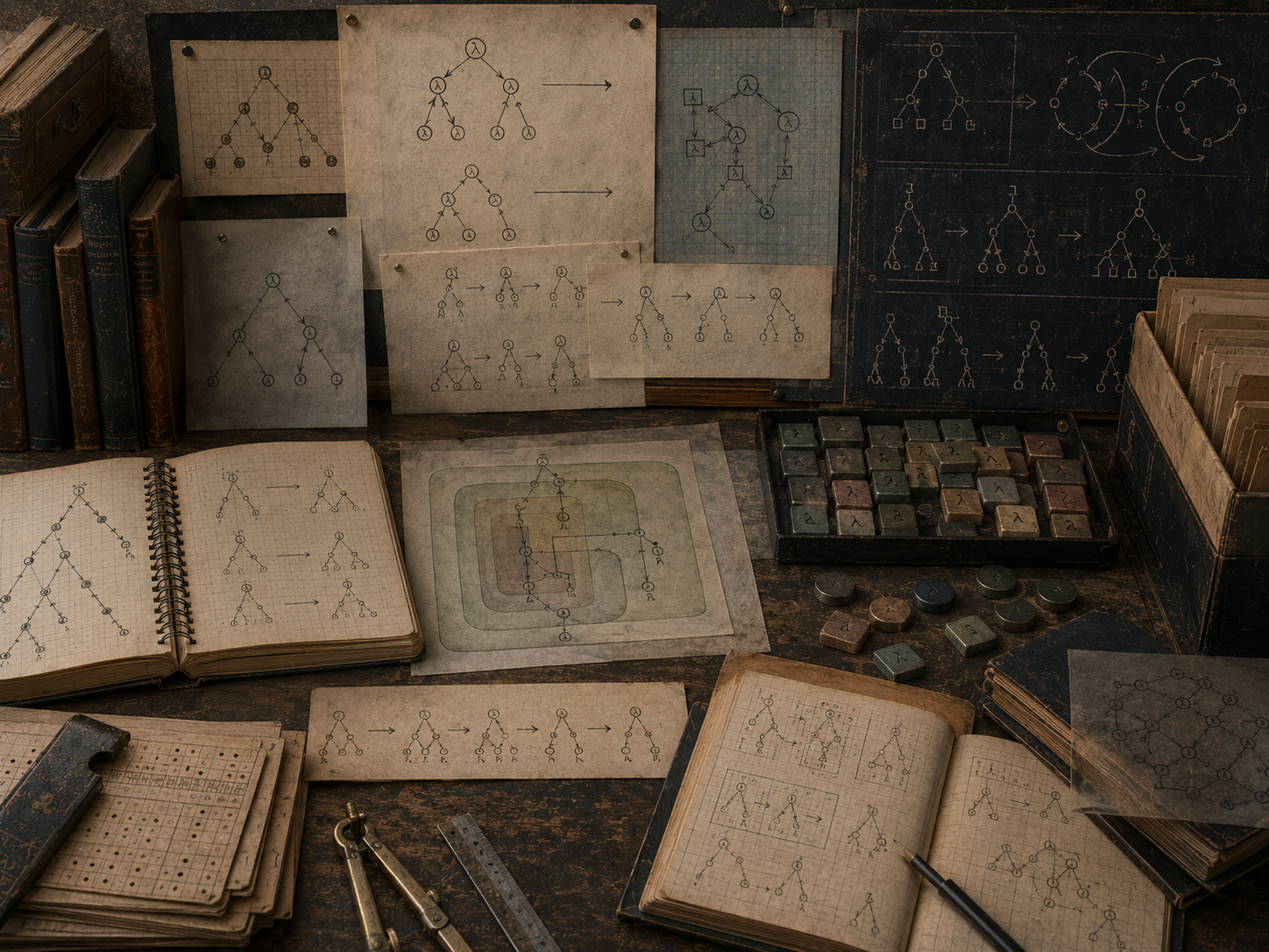 A restrained scholarly illustration of a vintage logician’s study covered with tree-like symbolic diagrams, lambda-marked tiles, notebooks, reduction sequences, flow structures, and archival papers representing lambda calculus, functions, and formal computation.