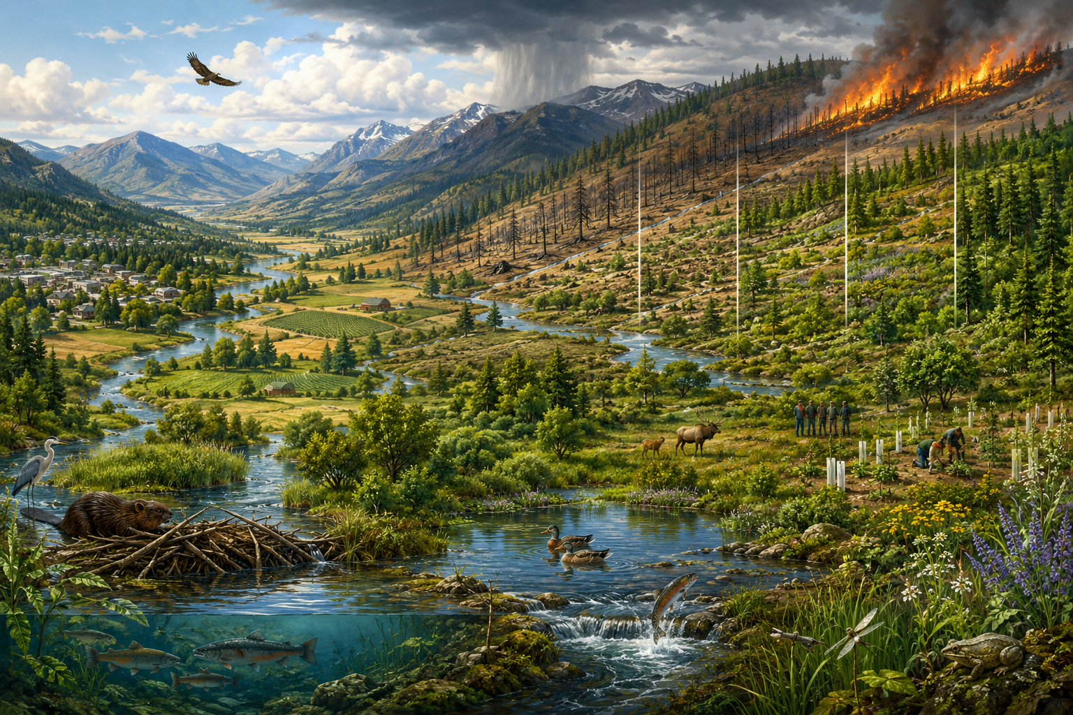 Panoramic ecological illustration of a mountain watershed shaped by wildfire, storm patterns, regrowth, wetlands, wildlife, farms, and restoration work.