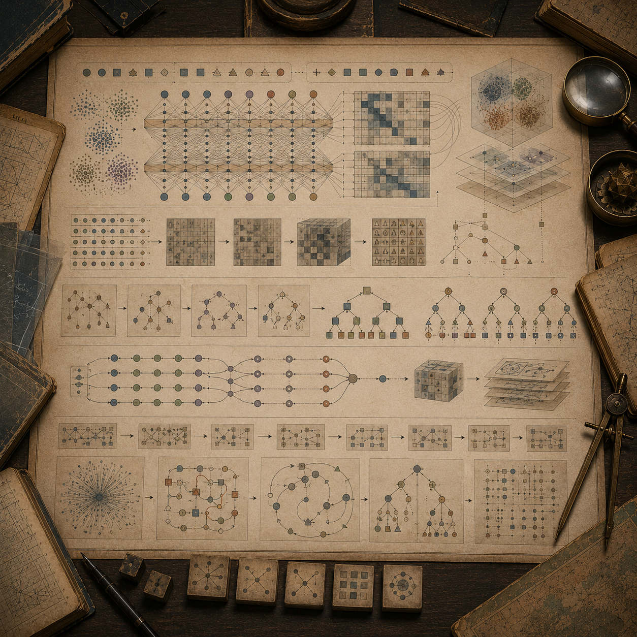 A restrained scholarly illustration of a vintage research desk with layered neural-network diagrams, token-like sequences, attention-like pathways, branching reasoning structures, representation grids, notebooks, rulers, and archival tools representing large language models and procedural reasoning without readable text.