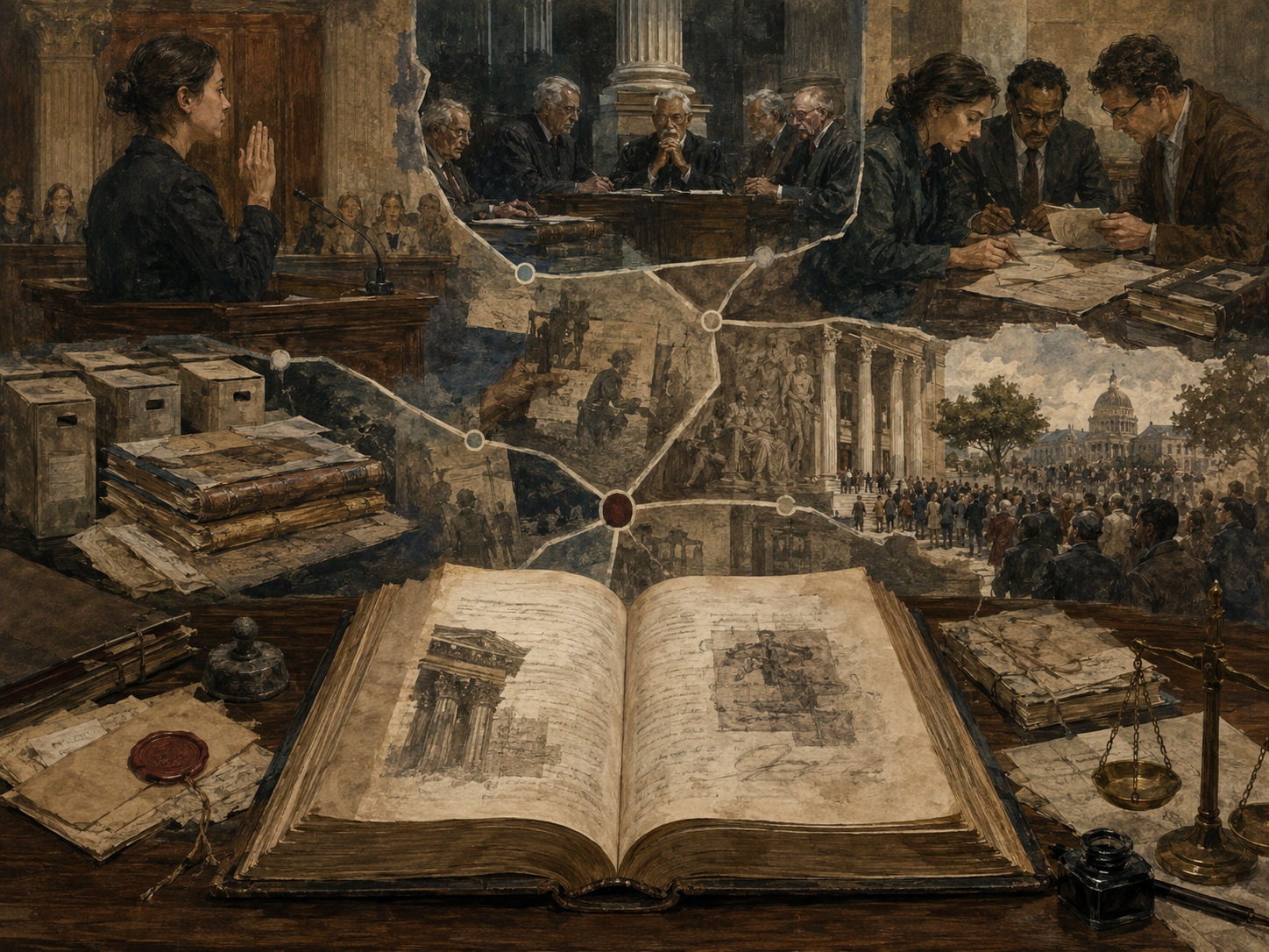 Editorial illustration of an open legal manuscript connected to courtroom testimony, judges, evidence review, archives, public institutions, and civic accountability.