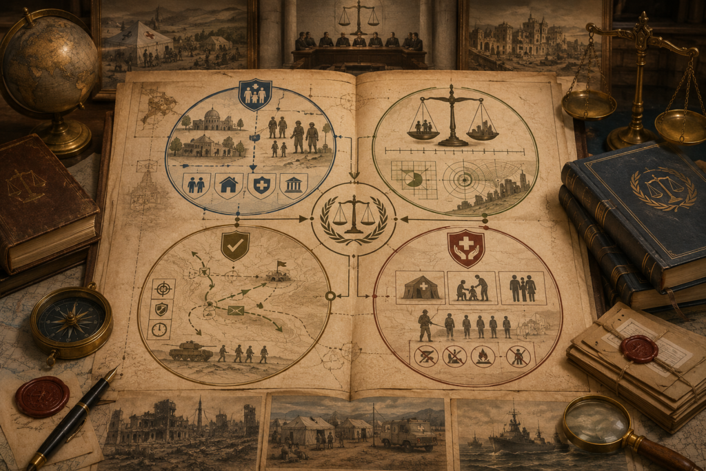 Scholarly illustration of a law-of-war dossier with four legal principles, scales, protected-person symbols, humanitarian relief imagery, military maps, treaty volumes, and archival legal materials.