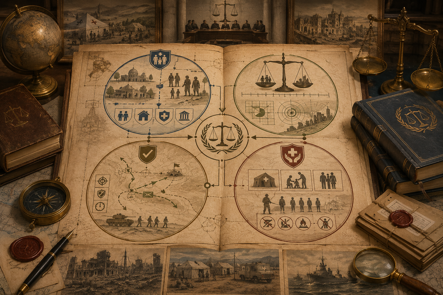 Scholarly illustration of a law-of-war dossier with four legal principles, scales, protected-person symbols, humanitarian relief imagery, military maps, treaty volumes, and archival legal materials.