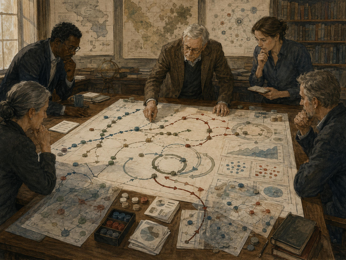 Strategists examine looping implementation pathways, feedback routes, evidence markers, and adaptive decision maps on a large institutional planning table