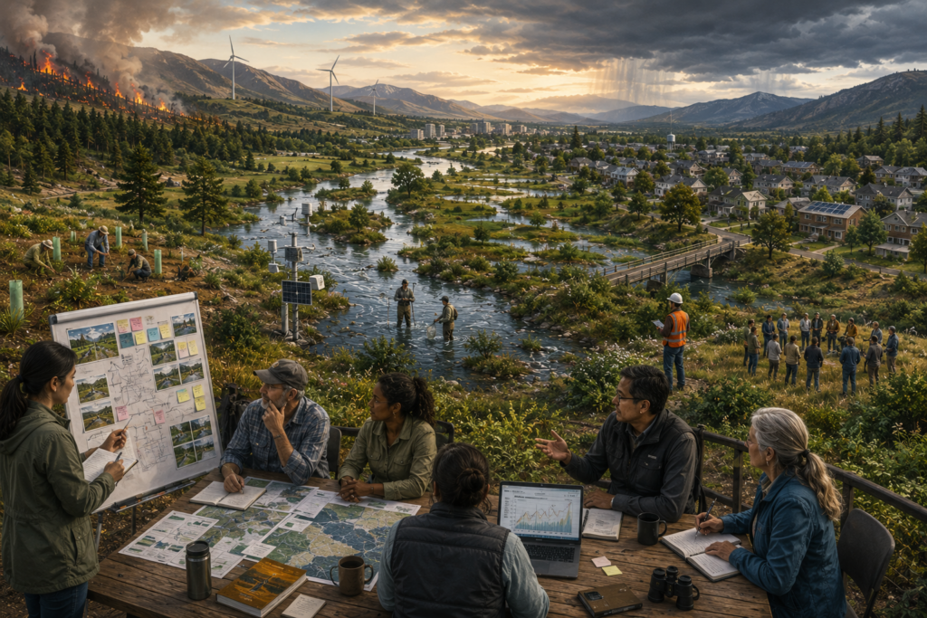 Panoramic landscape illustration of planners, researchers, and community members using maps, monitoring data, restoration work, and field observation to manage a changing river valley.