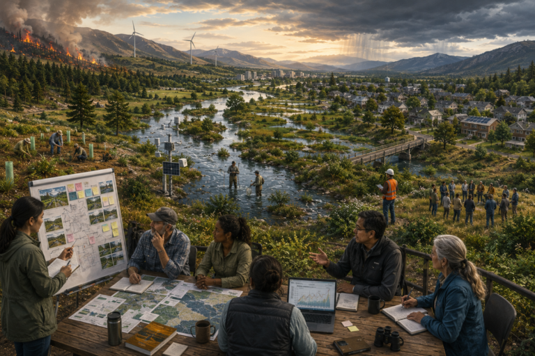 Panoramic landscape illustration of planners, researchers, and community members using maps, monitoring data, restoration work, and field observation to manage a changing river valley.