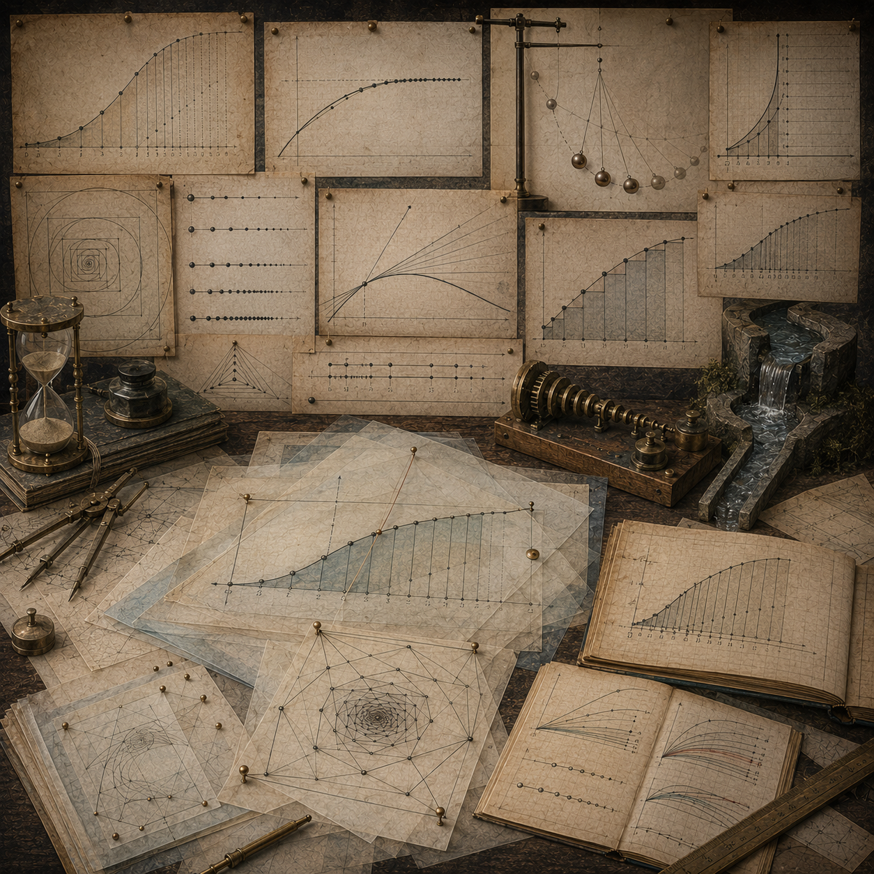 Archival mathematical study with approaching curves, partitioned graphs, tangent constructions, pendulum motion, flowing water, gears, notebooks, and translucent overlays representing limits as the formal foundation of calculus.
