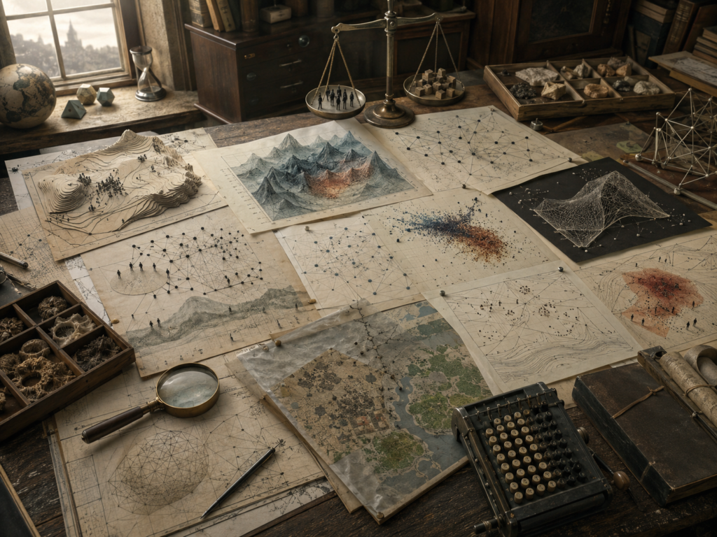 Editorial illustration of a scholarly modeling desk with fragile model structures, uncertainty patterns, comparison maps, damaged surfaces, human figures, and balance scales representing ethical judgment.
