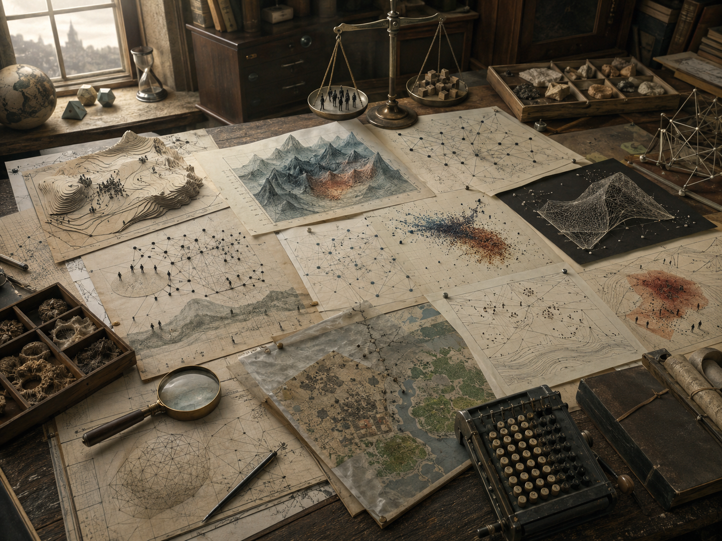 Editorial illustration of a scholarly modeling desk with fragile model structures, uncertainty patterns, comparison maps, damaged surfaces, human figures, and balance scales representing ethical judgment.