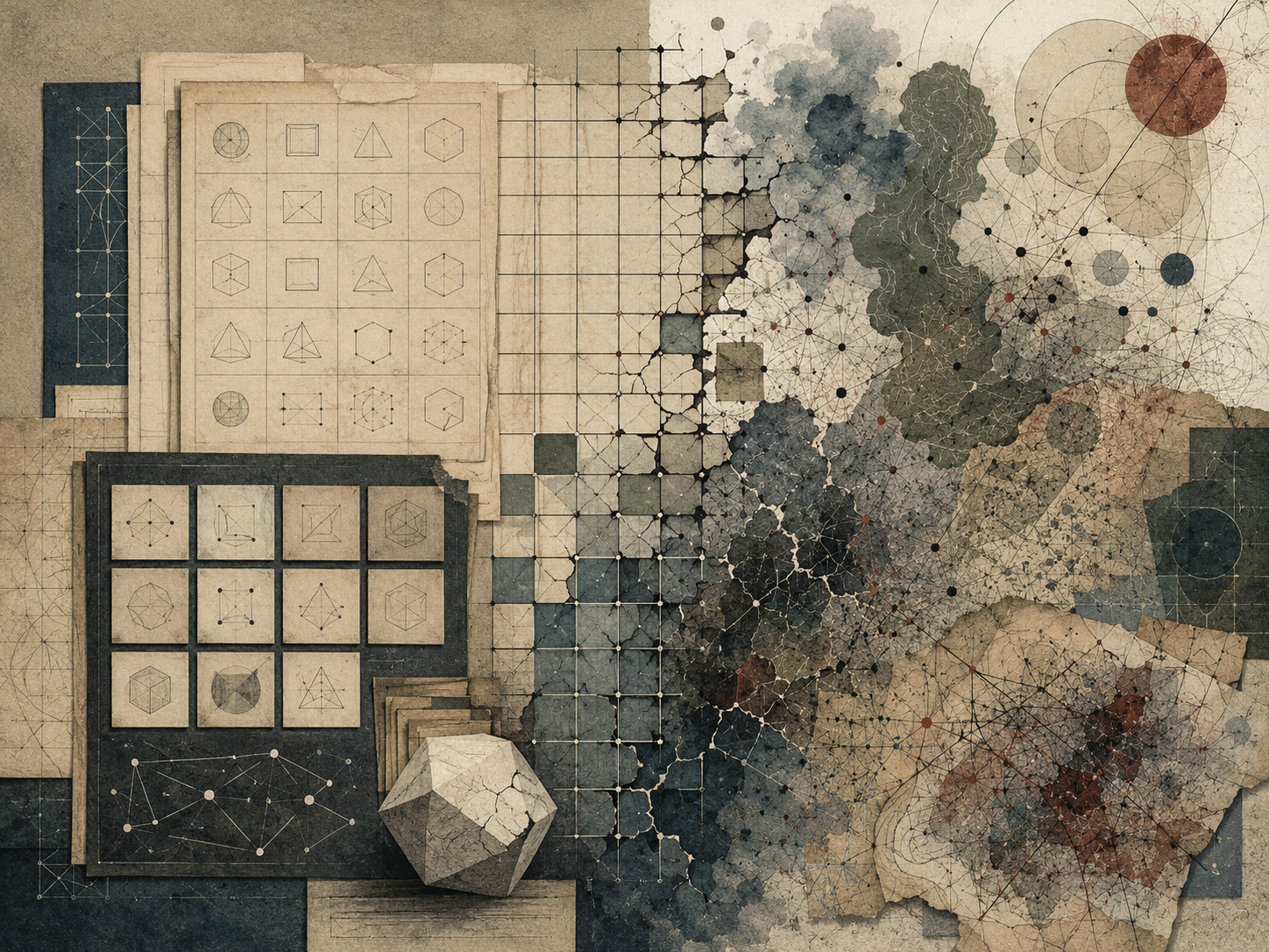Abstract institutional illustration contrasting ordered framework grids with fractured, chaotic knowledge maps, showing the limits of rigid models when applied to complex reality.
