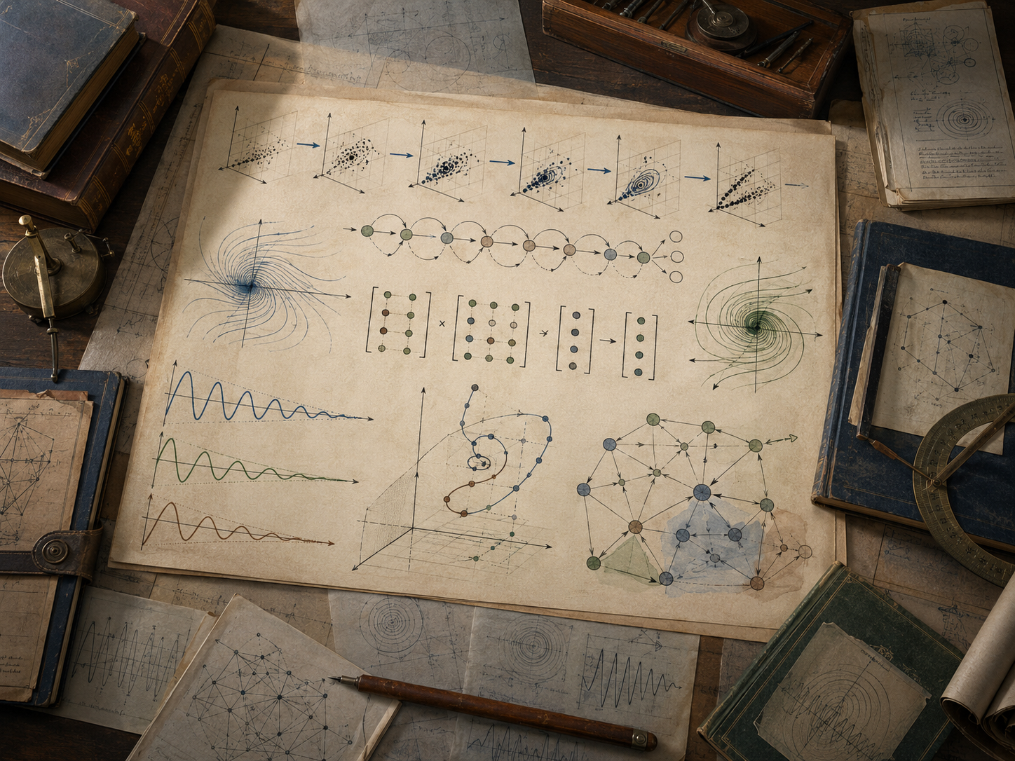 Vintage mathematical workspace with state trajectories, phase portraits, transition matrices, damped oscillations, vector fields, network dynamics, books, and drafting tools.