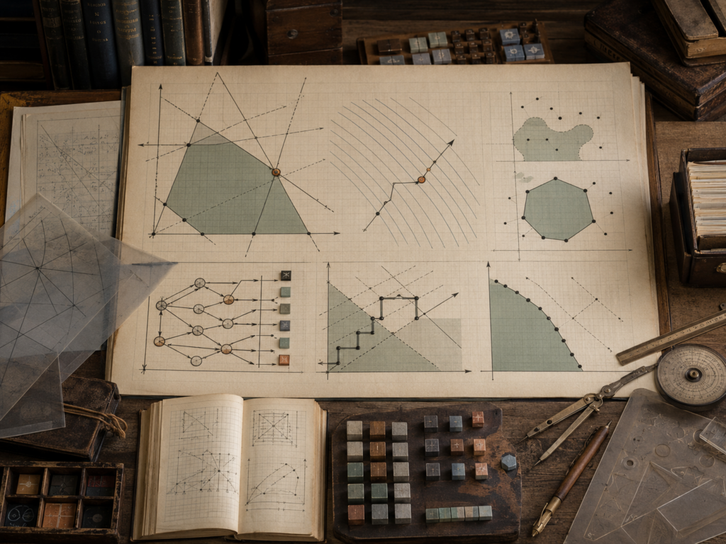 Scholarly editorial illustration of linear programming and convex optimization, showing feasible regions, linear constraints, objective contours, convex surfaces, optimal points, resource-allocation tables, sensitivity sheets, audit records, and governance review materials.