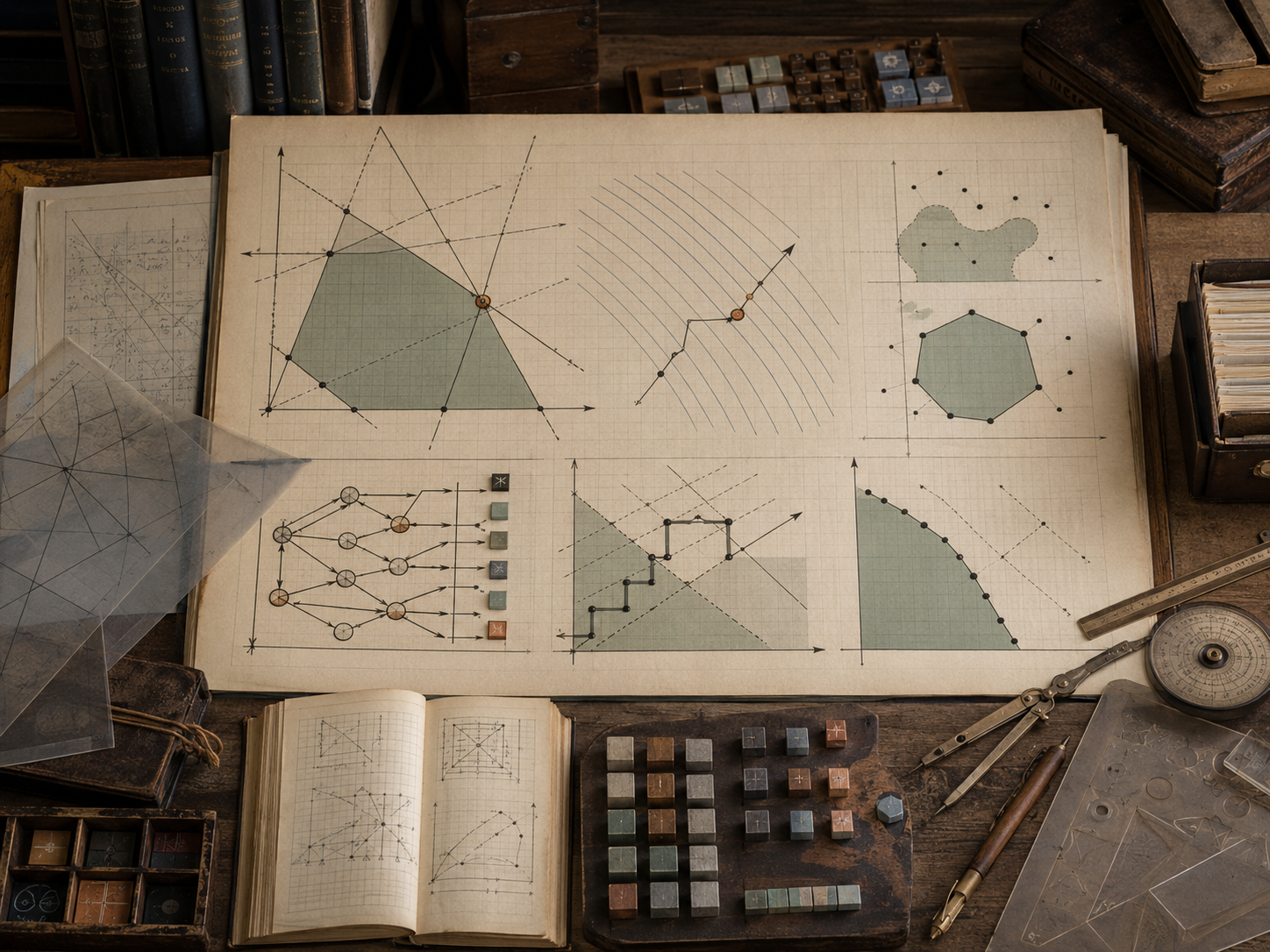 Scholarly editorial illustration of linear programming and convex optimization, showing feasible regions, linear constraints, objective contours, convex surfaces, optimal points, resource-allocation tables, sensitivity sheets, audit records, and governance review materials.