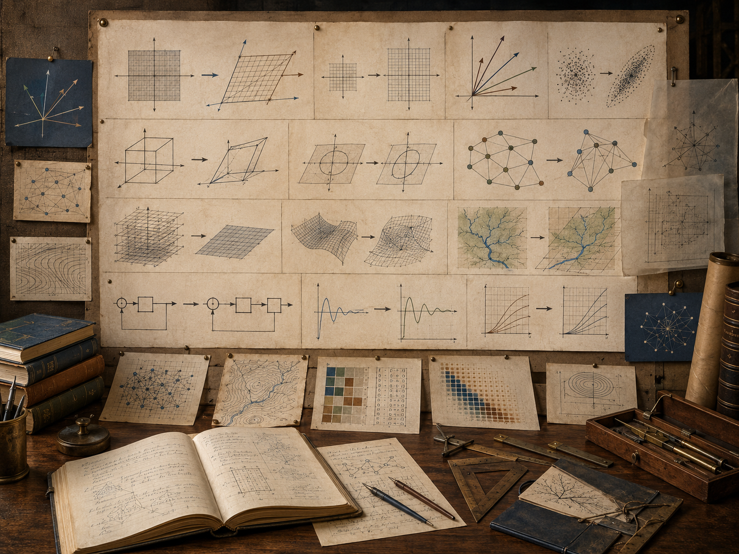 Vintage systems-modeling workspace with transformed grids, vector mappings, sheared cubes, altered networks, response curves, flow maps, books, and drafting tools.