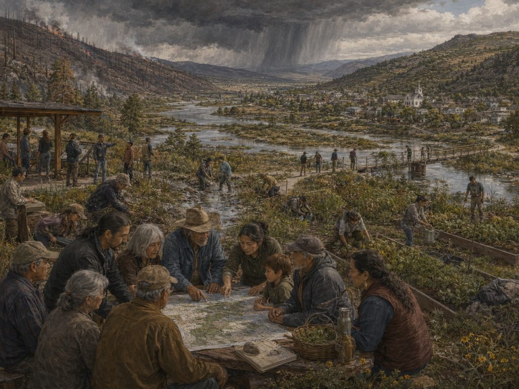 Panoramic illustration of community members, elders, field workers, and local stewards using maps, ecological knowledge, restoration work, and place-based observation in a river valley under storm and wildfire pressure.