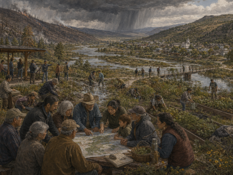Panoramic illustration of community members, elders, field workers, and local stewards using maps, ecological knowledge, restoration work, and place-based observation in a river valley under storm and wildfire pressure.