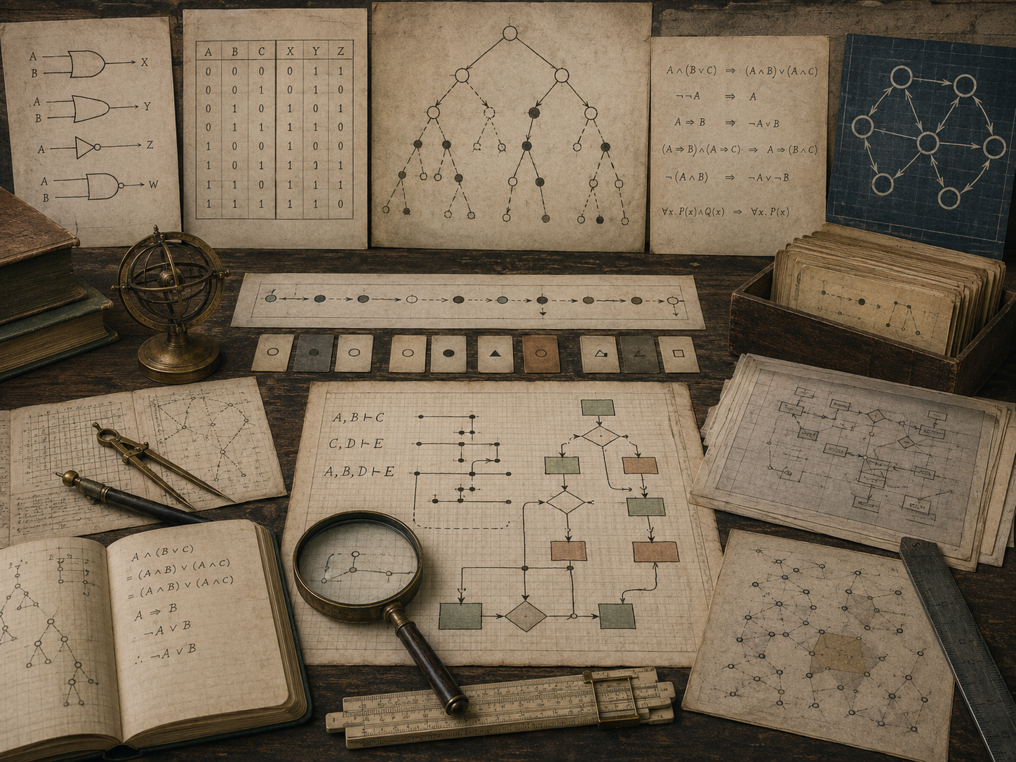 A restrained scholarly illustration of a vintage research desk covered with logic-gate diagrams, truth tables, symbolic proofs, decision trees, flowcharts, graph networks, notebooks, and drafting tools representing the relationship between logic and computation.