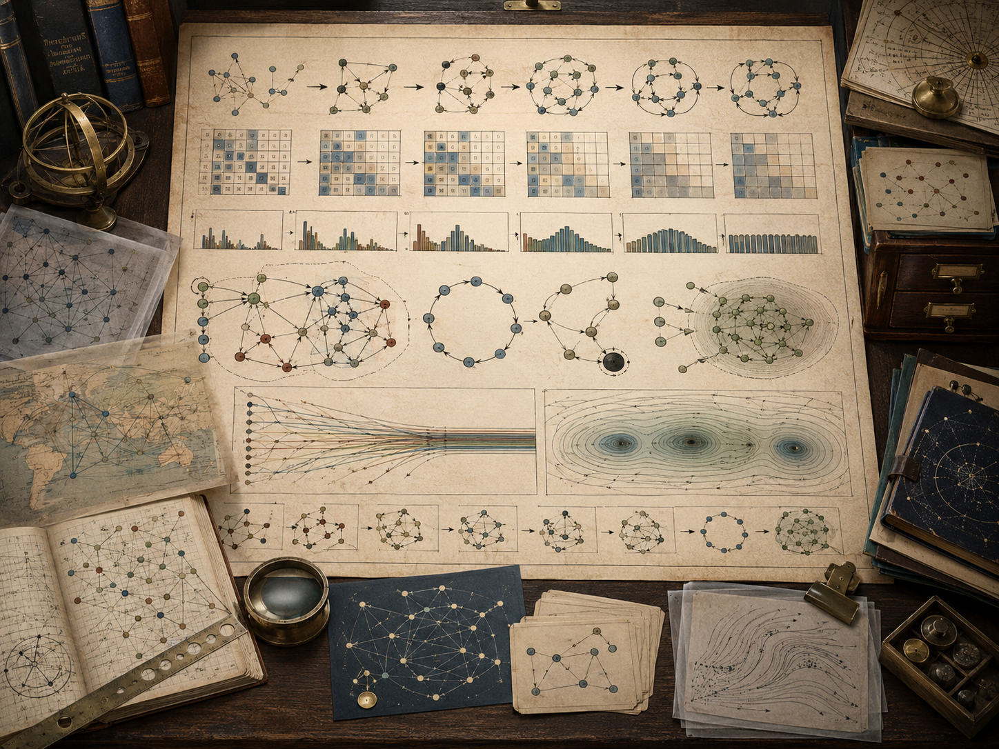 Vintage systems-modeling workspace with evolving state networks, transition matrices, distribution charts, convergence flows, attractor patterns, books, and drafting tools.