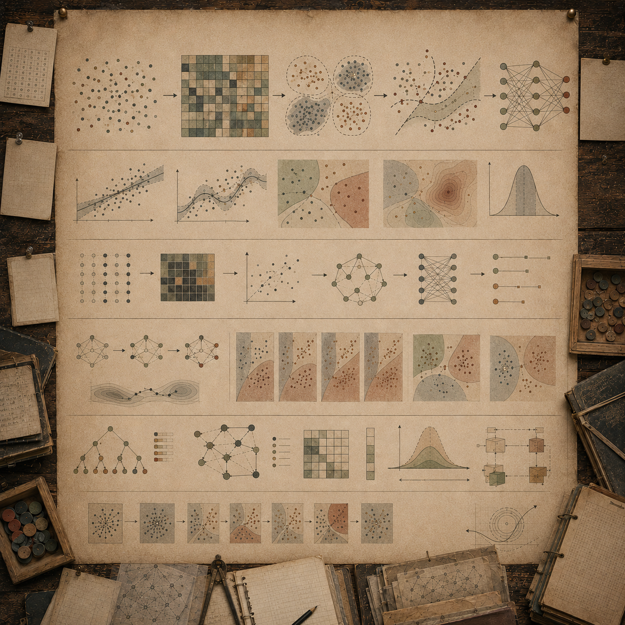 A restrained scholarly illustration of a vintage analytical workspace with data clouds, feature grids, decision boundaries, neural-network-like diagrams, probability curves, notebooks, and archival tools representing machine learning as algorithmic inference.