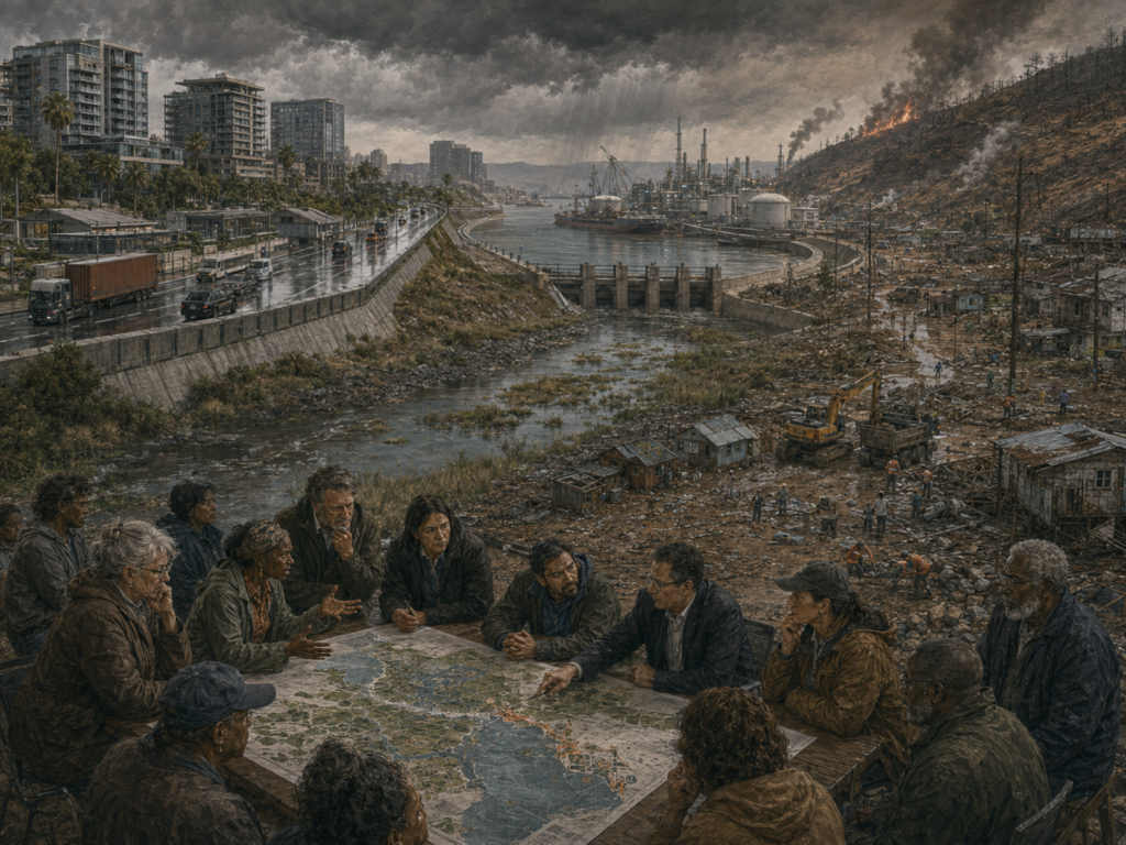 Panoramic illustration of a degraded coastal and river landscape where damaged infrastructure, polluted industry, exposed communities, wildfire, flooding, and public decision-making reveal systems that persist despite harm.