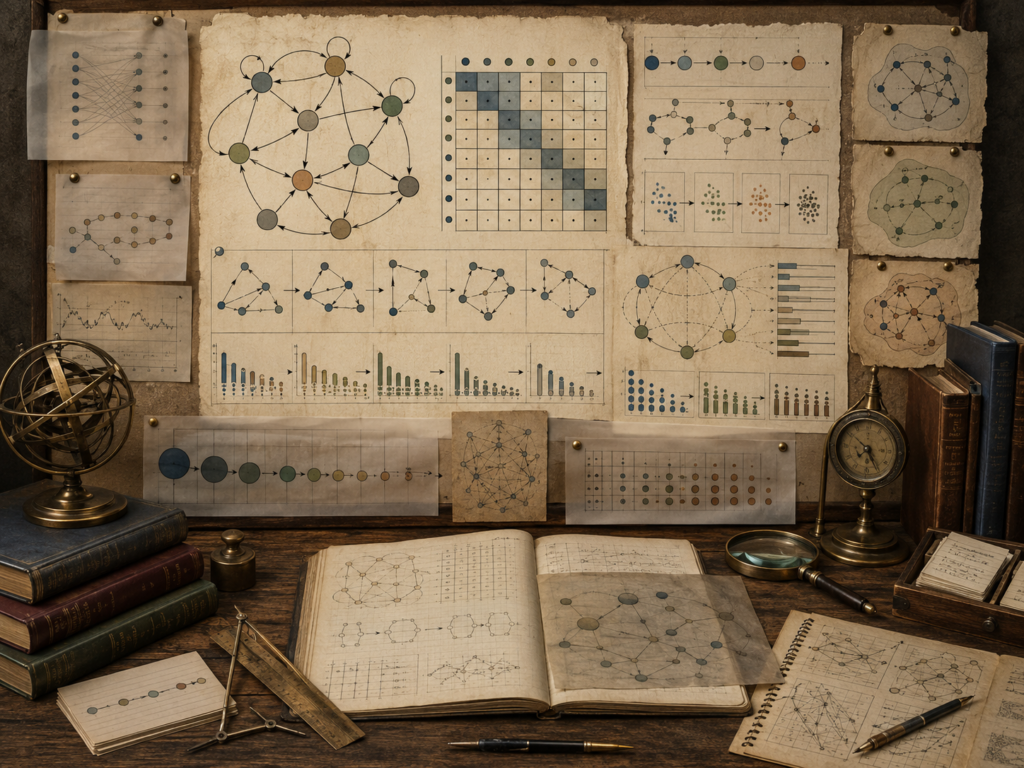 Vintage systems-modeling workspace with state-transition networks, probability-like matrix grids, directed paths, evolving distributions, books, and drafting tools.
