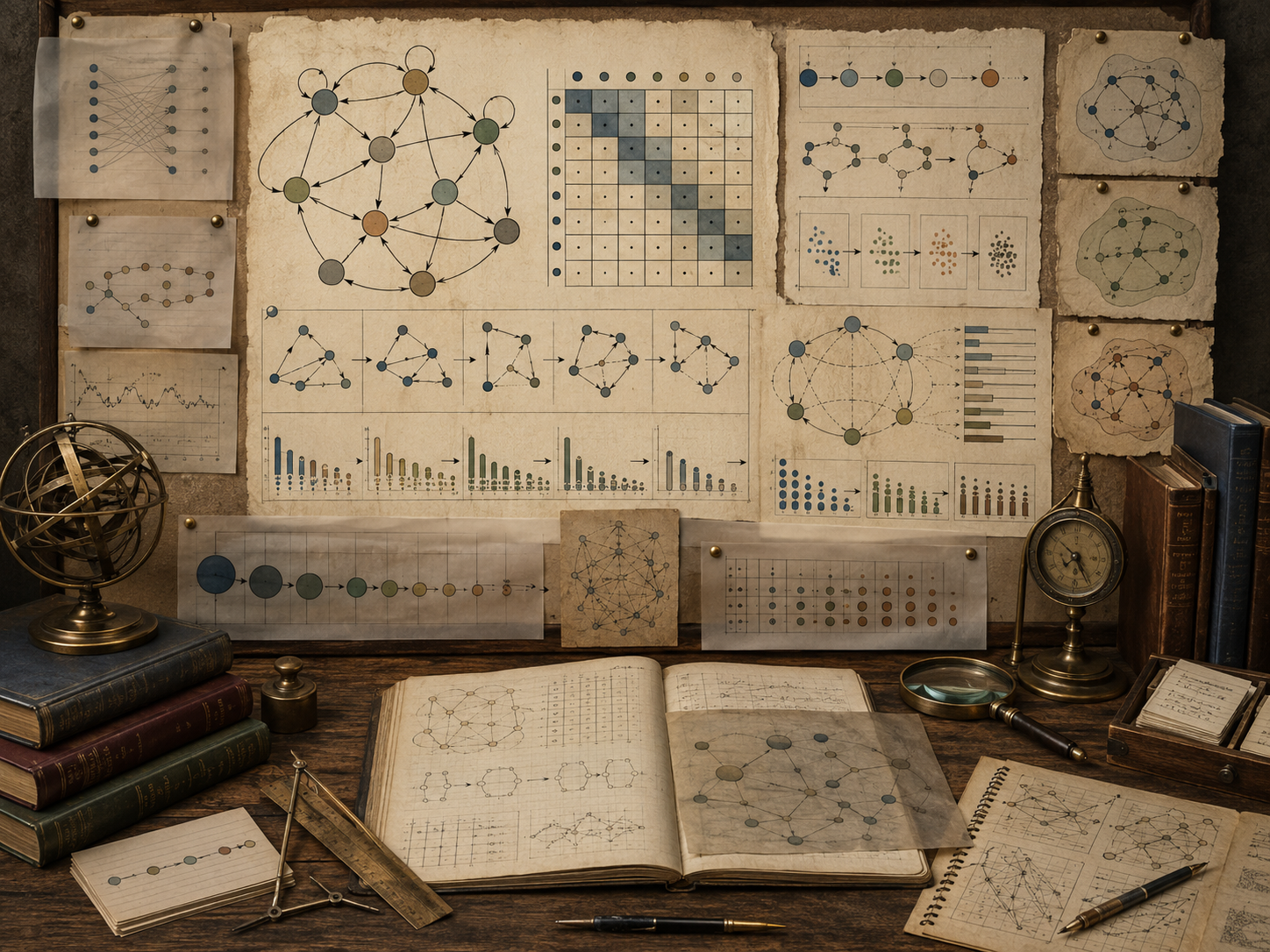 Vintage systems-modeling workspace with state-transition networks, probability-like matrix grids, directed paths, evolving distributions, books, and drafting tools.