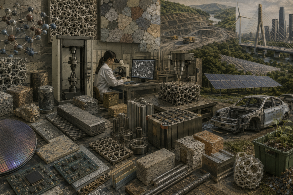 A layered institutional illustration showing material samples, crystalline structures, microscopy, tensile testing, semiconductor wafers, battery components, solar panels, infrastructure materials, recycling, and sustainable technological systems.