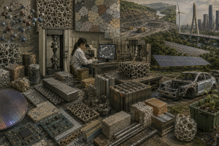 A layered institutional illustration showing material samples, crystalline structures, microscopy, tensile testing, semiconductor wafers, battery components, solar panels, infrastructure materials, recycling, and sustainable technological systems.