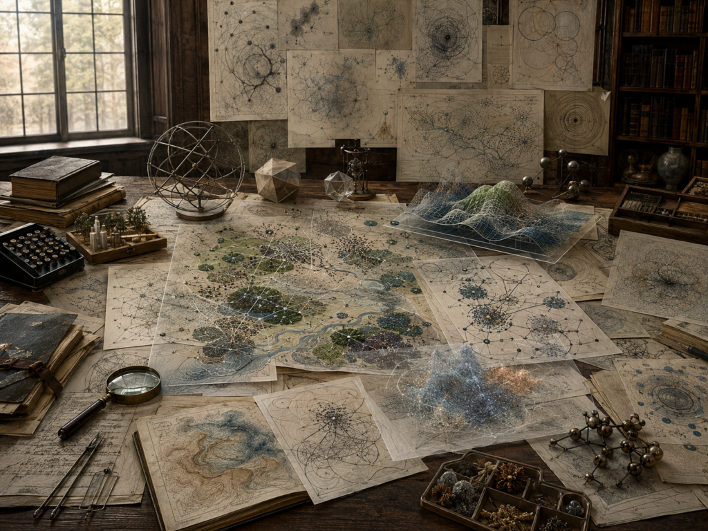 Editorial illustration of a scholarly modeling workspace with layered system maps, network diagrams, surface models, ecological and urban patterns, transparent overlays, and scientific instruments.