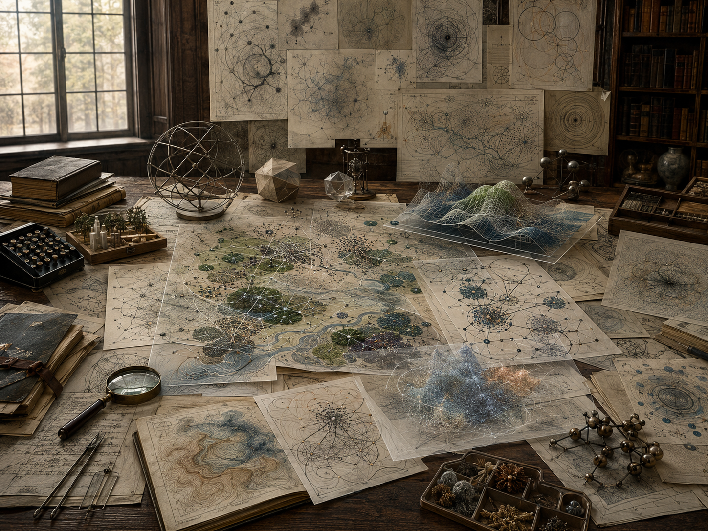 Editorial illustration of a scholarly modeling workspace with layered system maps, network diagrams, surface models, ecological and urban patterns, transparent overlays, and scientific instruments.