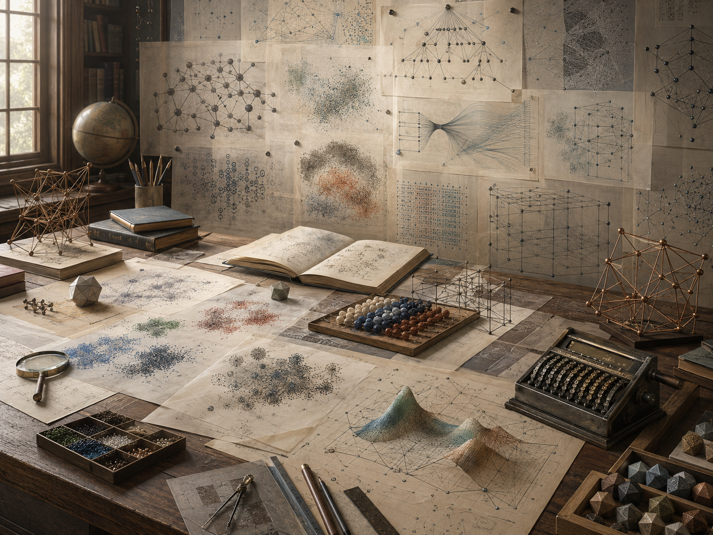 Editorial illustration of a scholarly AI and data systems workspace with neural network diagrams, data clusters, geometric models, surface plots, transparent overlays, and analog computing tools.