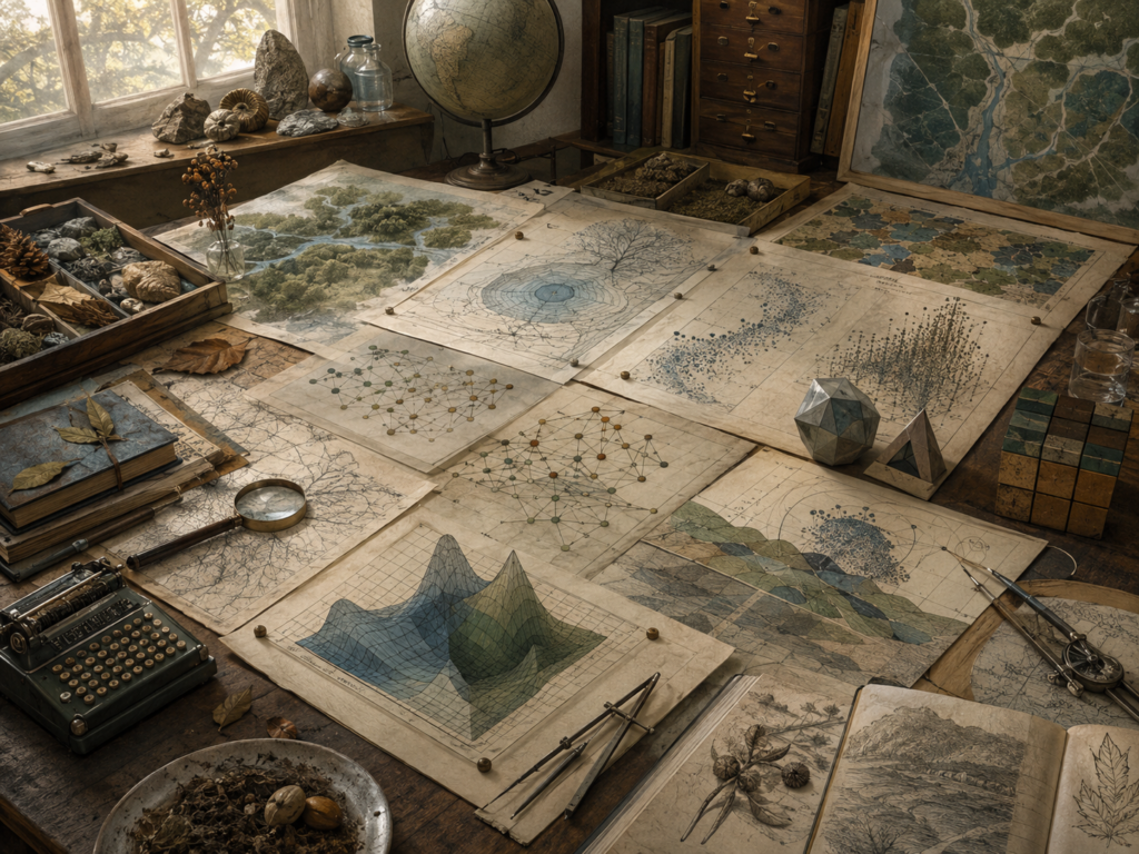 Editorial illustration of an ecological modeling workspace with landscape maps, watershed diagrams, species networks, population patterns, sustainability surfaces, and field specimens.